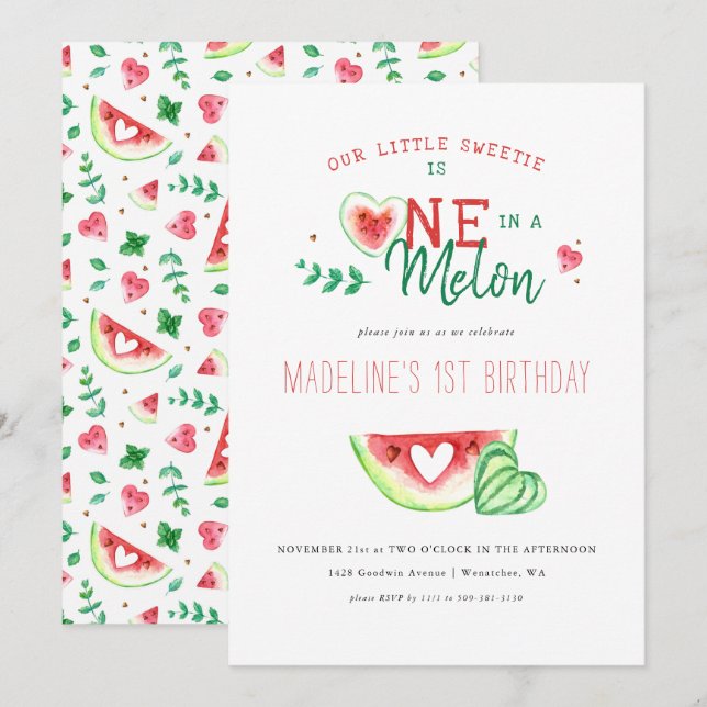 Convites Um Em Um Melão | Melancia Primeiro Aniversário (Frente/Verso)