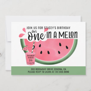 Convites Um em um Melão Rosa Verde Aquarela 1º Aniversário
