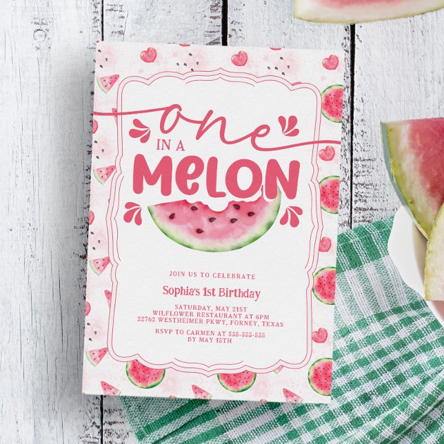 Convites Um em um Partido Melon Pink Watermelon primeiro an (Criador carregado)