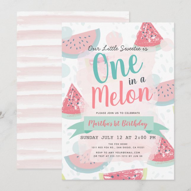 Convites Um em um primeiro aniversario Melon Watermelon Wat (Frente/Verso)