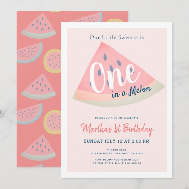Convites Um em um primeiro aniversario Rosa Melão Melão (Frente/Verso)