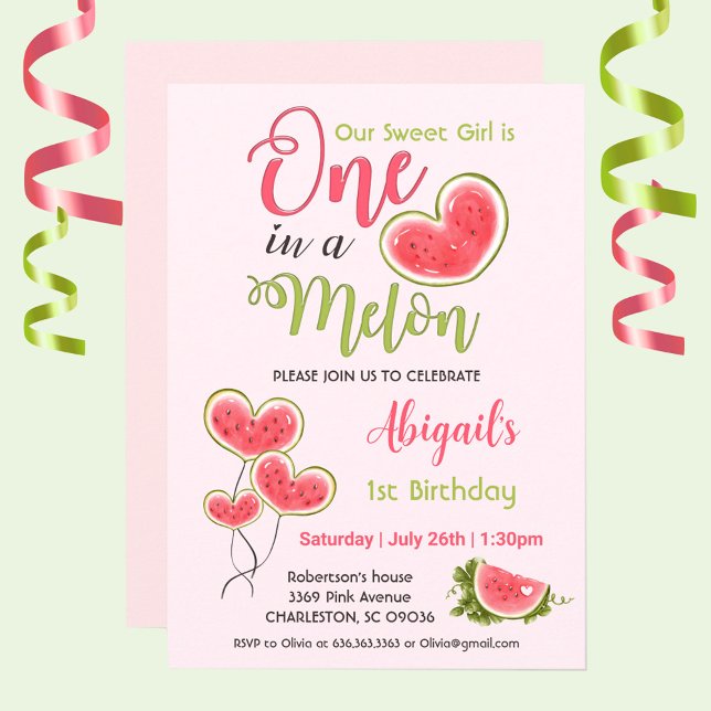 Convites Um Em Uma Festa De primeiro aniversario Melão Rosa (1st Birthday invitation for girl with watercolor watermelon in a heart shape, One in a melon,)