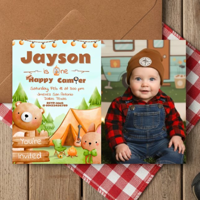 Convites Um Feliz Acampador - 1º aniversário com Foto (One Happy Camper - 1st birthday Landscape Invitation with Photo)