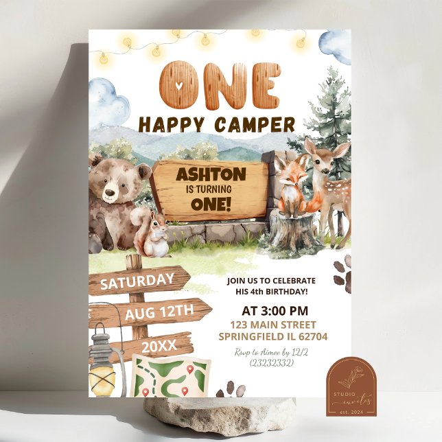 Convites Um Feliz Acampador Aniversário de Um Ano em Bosque (Criador carregado)