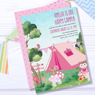 Convites Um Feliz Acampador Tenda Rosa Menina 1º Aniversári