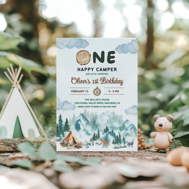 Convites Um Feliz Aventureiro Montanha Floresta 1º Aniversá (One happy camper 1st birthday invitation)