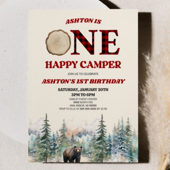 Convites UM Feliz Camper Bear Red primeiro aniversario Part (Criador carregado)