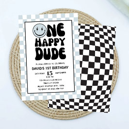 Convites Um Feliz Cara Azul Feliz Rapaz Primeiro Aniversári