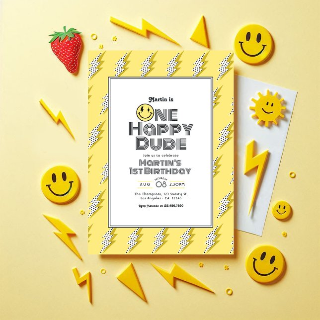 Convites Um Feliz primeiro aniversario (One Happy Dude Retro 1st Birthday Party Invitation)