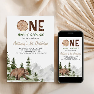 Convites Um Feliz Urso Aquarela Acampador Aniversário de 1