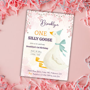 Convites Um ganso bobo aniversário de 1º floral rosa menina