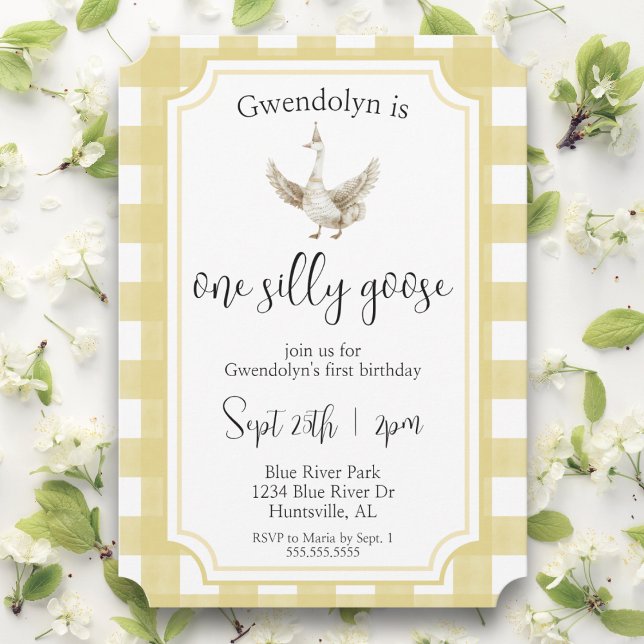Convites "Um ganso Bobo" Festa de aniversário Amarelo-Cinto ("one silly goose" yellow gingham first birthday party invitations watercolor gender neutral invite)