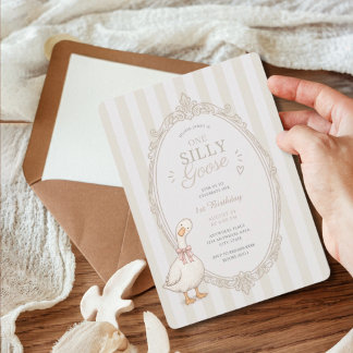 Convites Um ganso bobo laço rosa menina 1º aniversário 