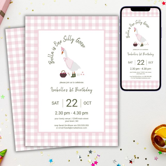 Convites Um Ganso Bobo Meninas Rosa 1º Aniversário (Criador carregado)