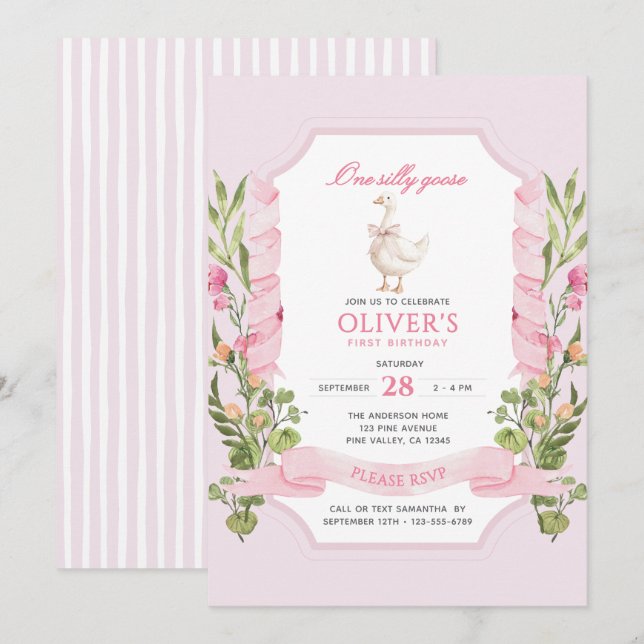 Convites Um Ganso Bobo Rosa Aniversário de 1 ano (Frente/Verso)