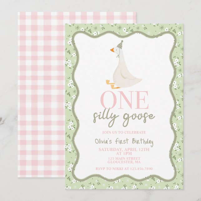 Convites Um ganso bobo rosa e verde (Frente/Verso)