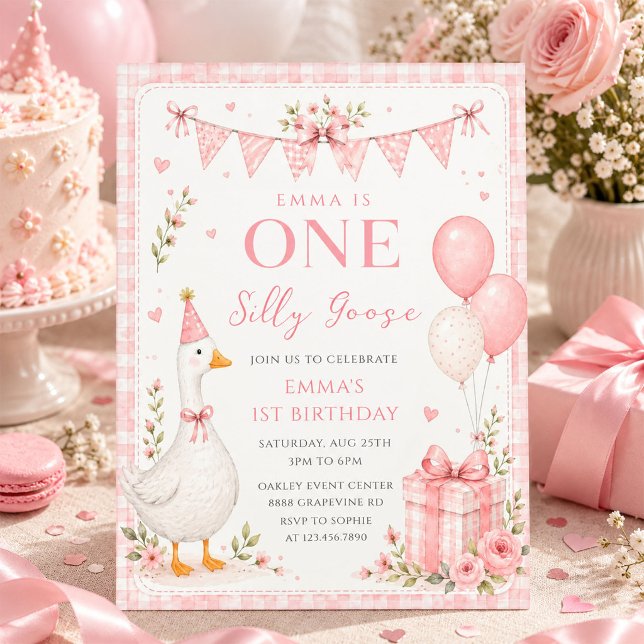 Convites Um Ganso Bobo Rosa Floral 1º Aniversário  (Criador carregado)