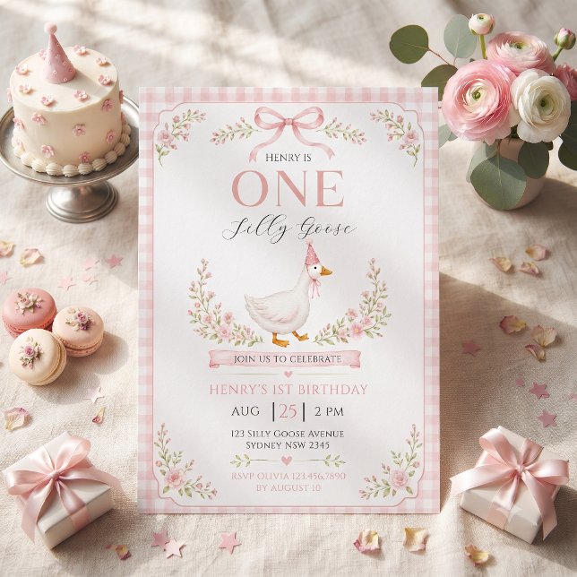 Convites Um Ganso Bobo Rosa Floral 1º Aniversário  (Criador carregado)