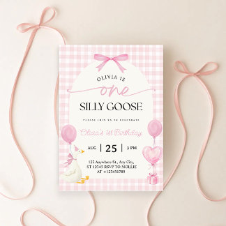 Convites Um Ganso Tolo Azul Rosa Gingham 1º Aniversário