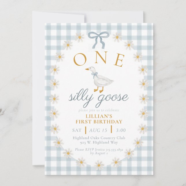 Convites UM Ganso Tolo Azul Xadrez Daisy Primeiro Aniversár (Frente)
