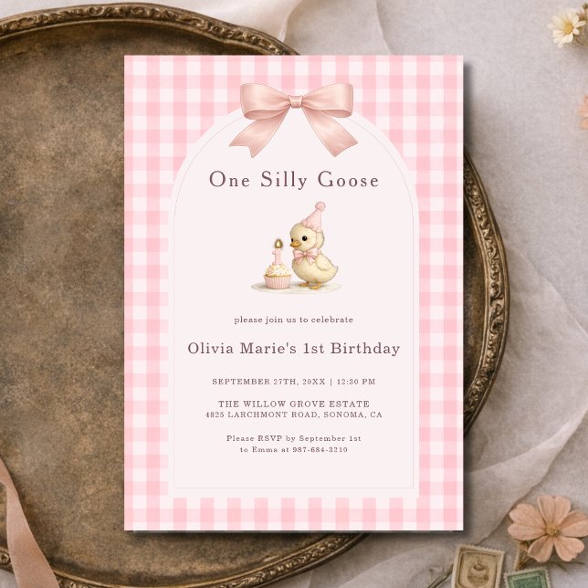 Convites Um Ganso Tolo de Gingham Rosa Arco Menina 1º Anive (Criador carregado)
