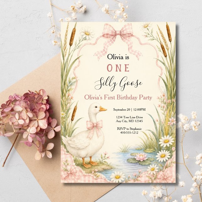 Convites Um Ganso Tolo Primeiro Aniversário de 1 Ano (One Silly Goose First 1st Birthday party invitation. Pink Gingham Cow, Goose Pond Printed Digital)