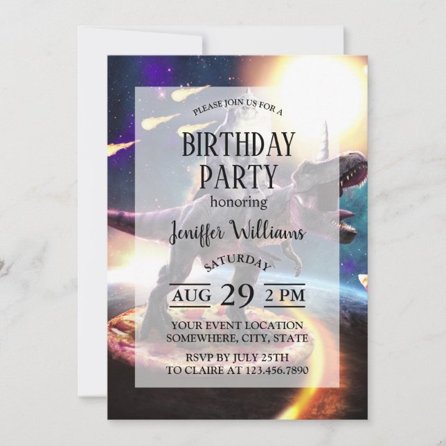 Convites Um gato dirigindo unicórnio de dinossauro no espaç (Frente)