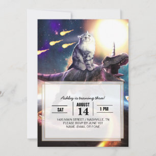 Convites Um gato dirigindo unicórnio de dinossauro no espaç