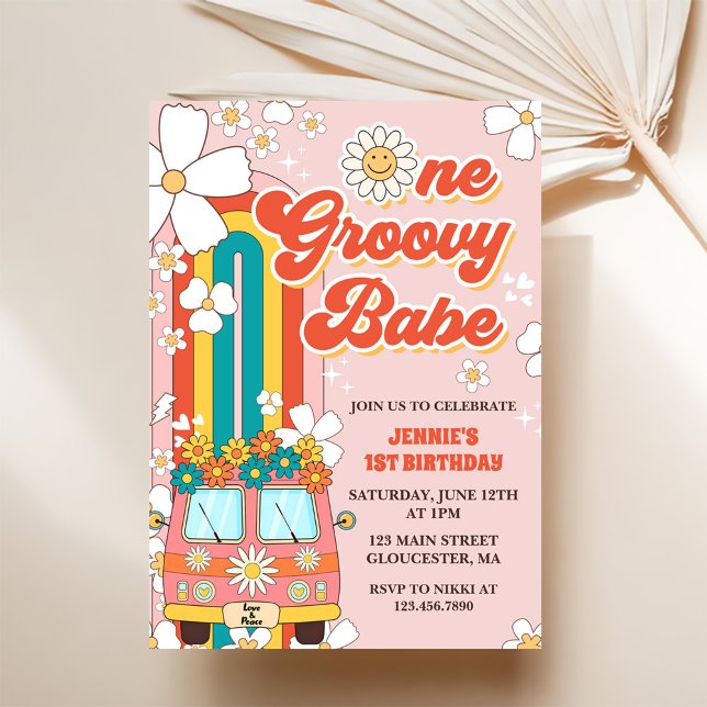 Convites Um Groovy Babe Retro primeiro aniversario Arco-Íri (Criador carregado)