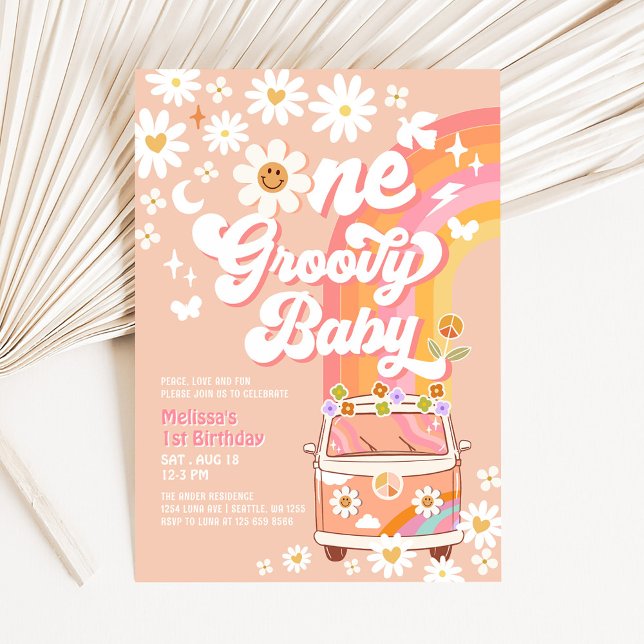Convites Um Groovy Bebê Hippie Van Daisy 1º Aniversário (Criador carregado)