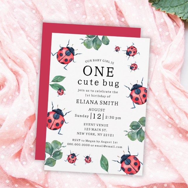 Convites Um Inseto bonito, primeiro aniversario de Ladybug  (One Cute Bug Watercolor Ladybug Girl 1st Birthday Invitation)