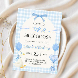Convites Um Laço Azul Xadrez Gingham Silly Goose 1º Anivers