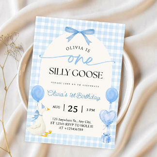Convites Um Laço Azul Xadrez Gingham Silly Goose 1º Anivers