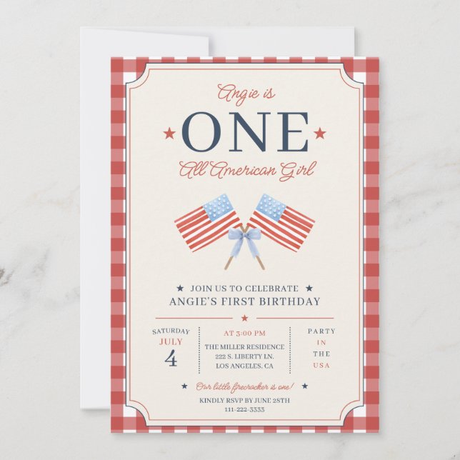 Convites UM Menina Americana de Um Ano de Idade Festa Ameri (Frente)