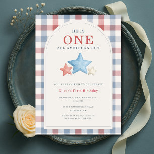 Convites Um Menino Americano Gingham Aniversário de 1 Ano