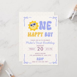 Convites Um Menino Feliz Aniversário Retro Sol Primeiro Ani