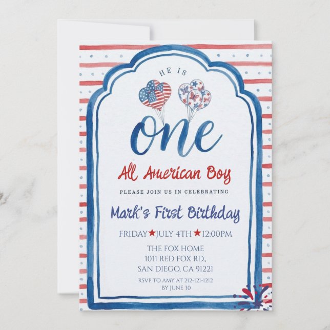 Convites Um Menino Totalmente Americano Aniversário de 4 de (Frente)