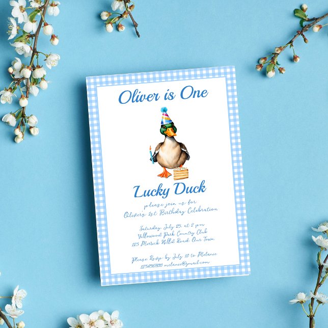 Convites Um modelo de aniversário de gingham azul-pato sort (One lucky duck blue gingham  birthday party template invitation digital download cute mallard duck)
