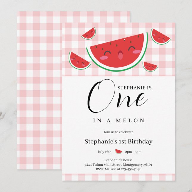 Convites Um na Festa de primeiro aniversario Melon Gingham  (Frente/Verso)