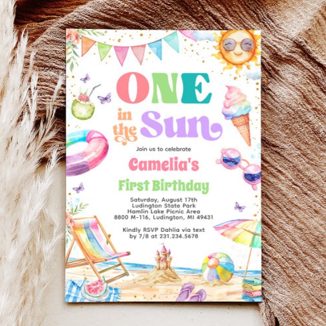 Convites Um na festa Sun Summer primeiro aniversario Beach (One in the Sun Summer 1st Birthday Beach Party Invitation)
