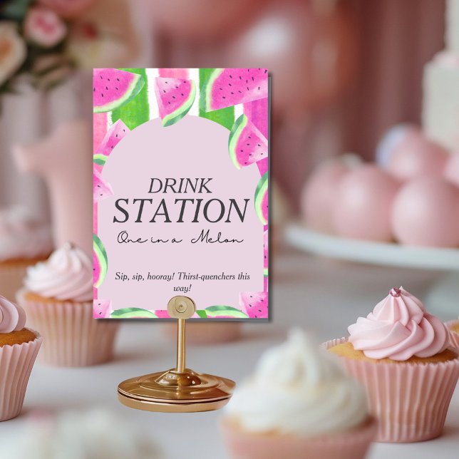Convites Um no Melon DRINK STATION Sinal de Melancia Rosa (One in Melon DRINK STATION Pink Watermelon Sign )