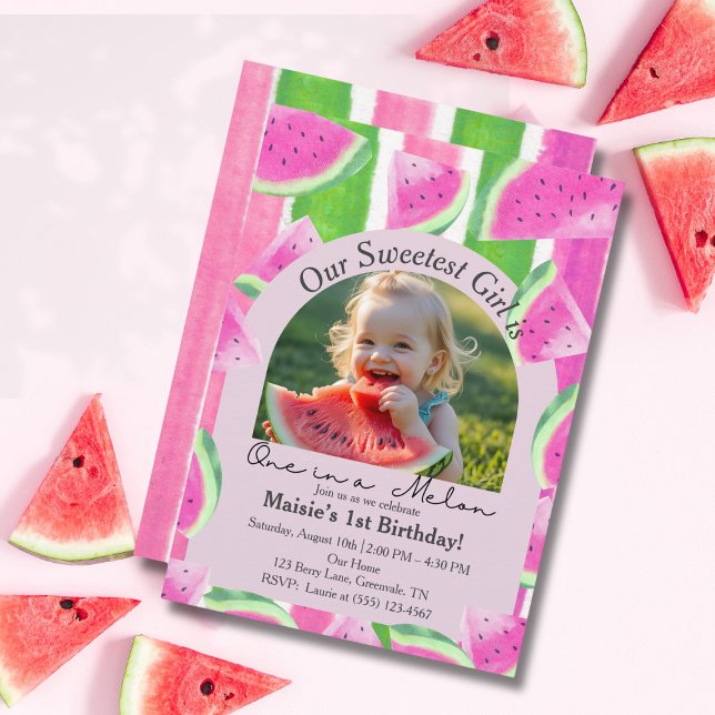 Convites Um no Melon Photo Pink Watermelon Aniversário (One in a Melon Photo Pink Watermelon Birthday Invitation)