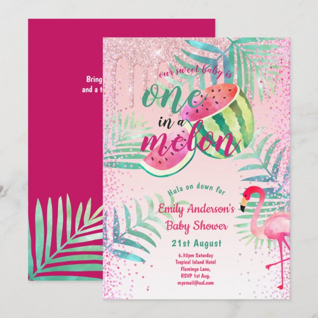 Convites Um no Melon Tropical Flamingo Watermelon Rosa (Frente/Verso)