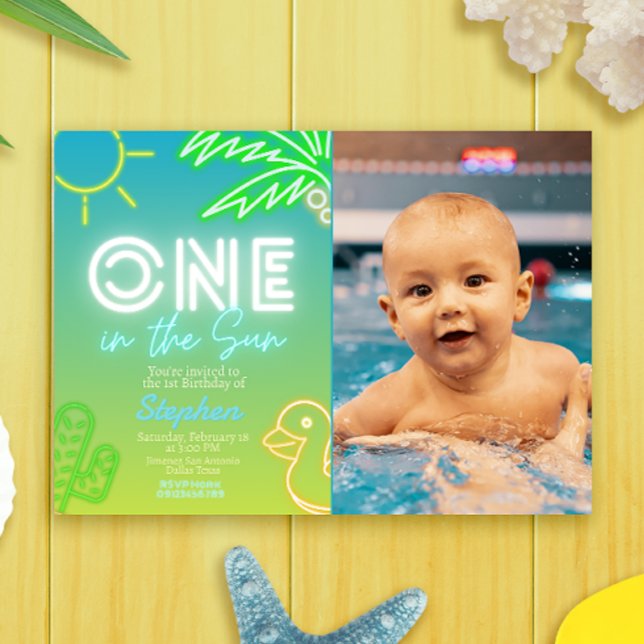 Convites Um no Sol - Festa na Piscina (One in the Sun - Pool Party Landscape Invitation with Photo Picture)
