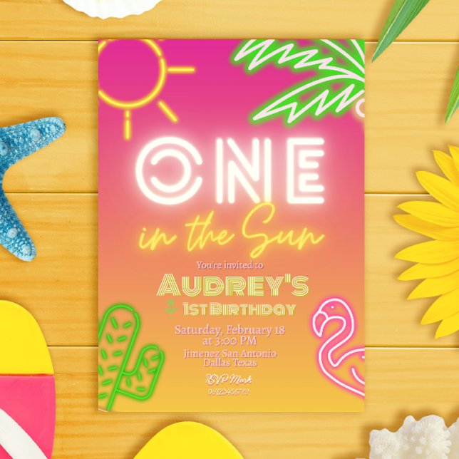 Convites Um no Sol - primeiro aniversario (One in the Sun - Girl 1st Birthday Pink Invitation - Pool Party)