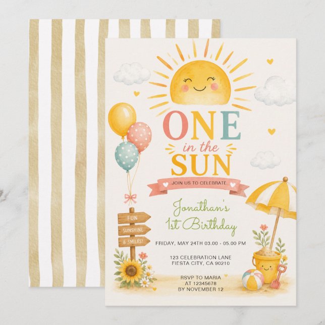 Convites Um no Sol Primeiro Aniversário na Praia (Frente/Verso)