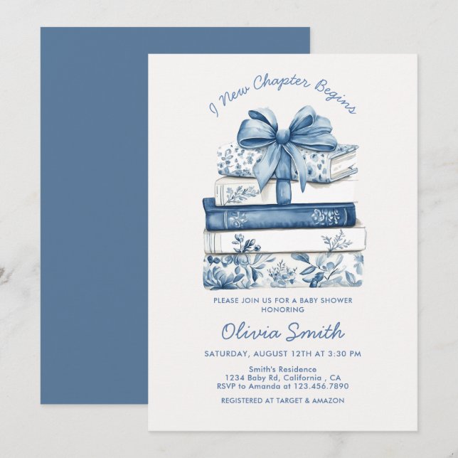 Convites Um Novo Capítulo Começa Blue Bow Books Chá de Bebê (Frente/Verso)