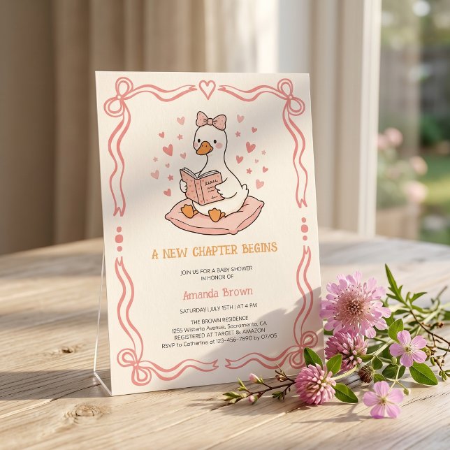Convites Um Novo Capítulo Começa Chá de Bebê Menina Ganso R (Pink Bow Goose Storybook Baby Girl Shower A New Chapter Begins Cute Ribbon)