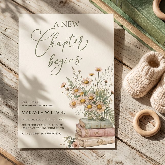Convites Um Novo Capítulo Começa Livro Chá de Bebê com Flor (Criador carregado)