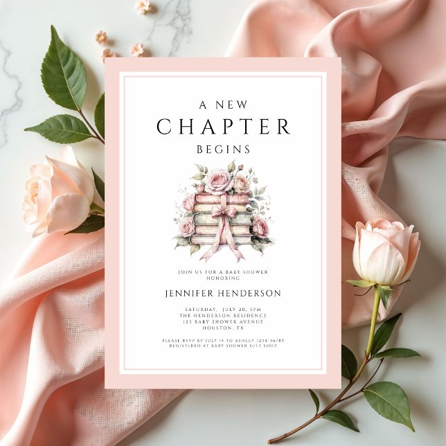 Convites Um Novo Capítulo Começa Livros com Laço Rosa Chá d (A New Chapter Begins Pink Bow Books Baby Shower Invitation)